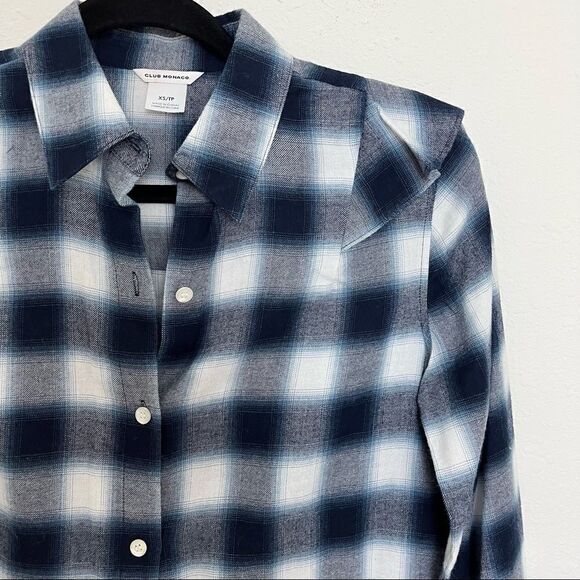 Club Monaco Evira Cotton Plaid Flannel Ruffle Button Down Shirt - Picture 4 of 9